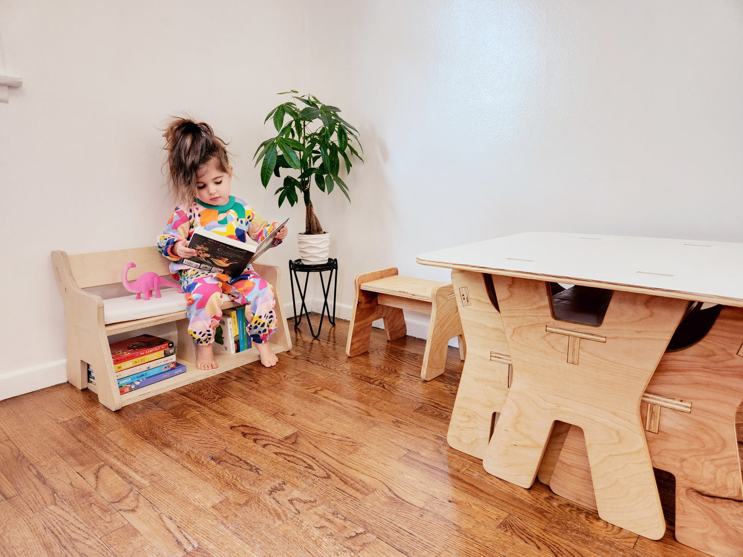 Wooden Bench & Bookshelf for Toddlers