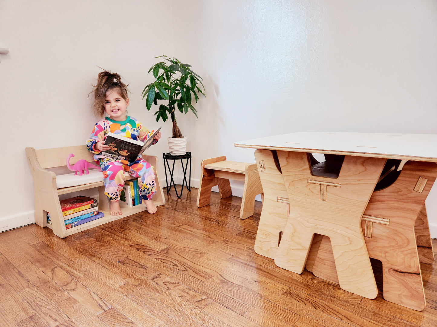 Wooden Bench & Bookshelf for Toddlers