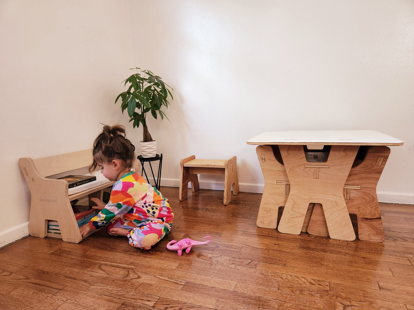 Wooden Bench & Bookshelf for Toddlers